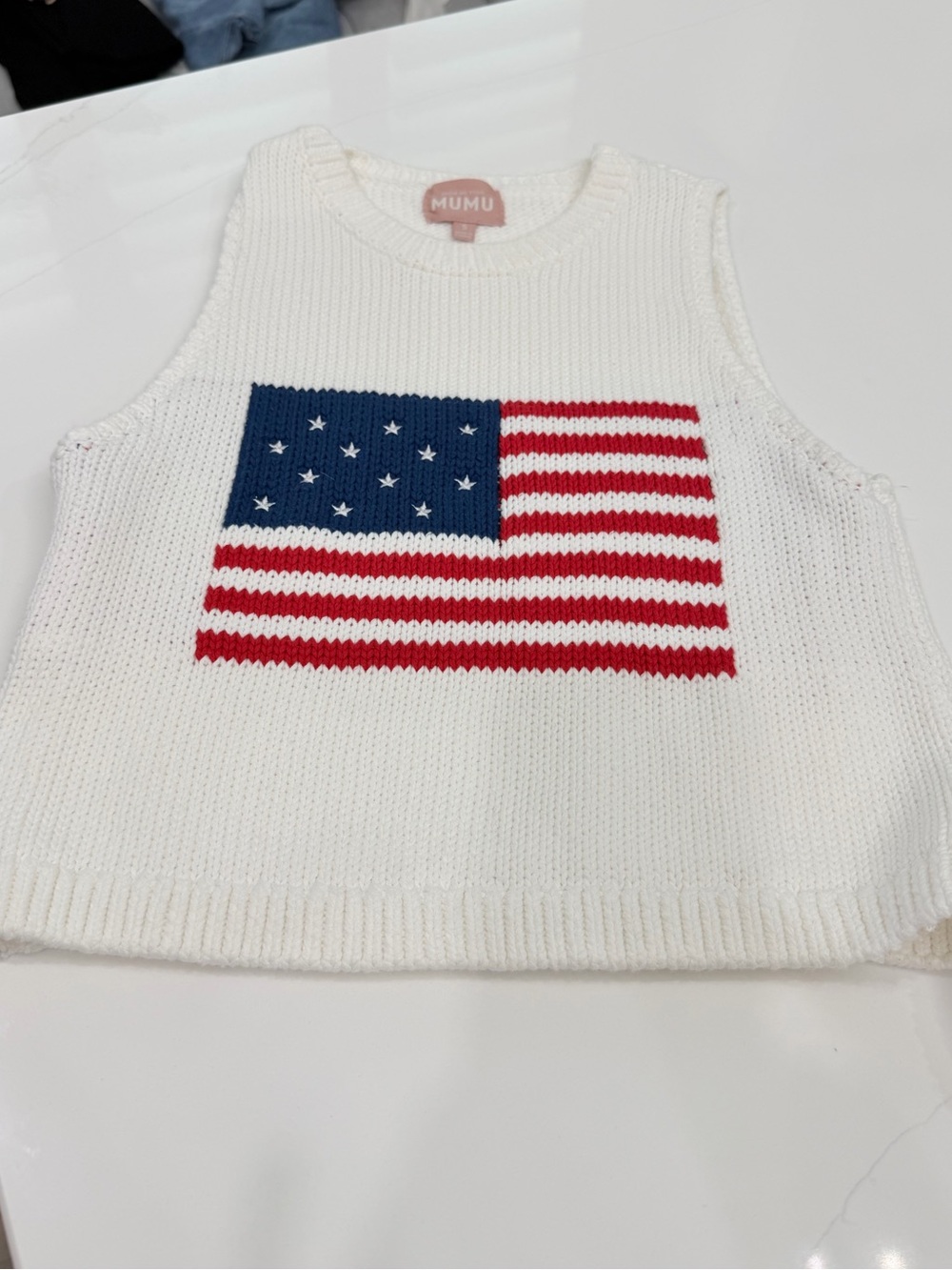 Show Me Your MuMu White Knit V-Neck Flag Sweater tank  with Red & Blue Flag